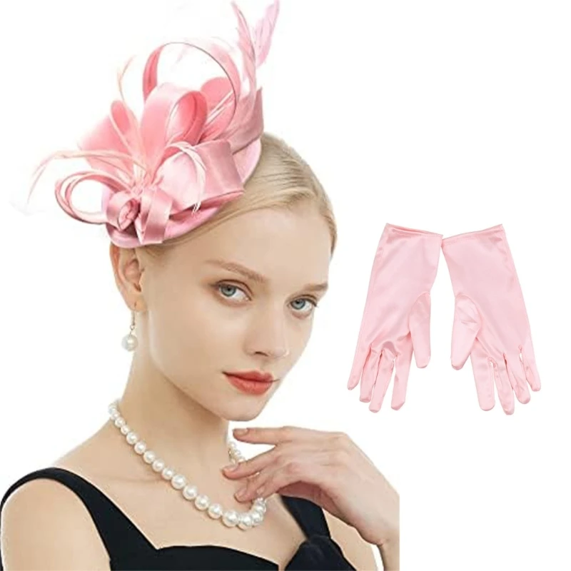 Womens Fascinator Hat Vintage Flower Feathers Headband Gloves Wedding Costume