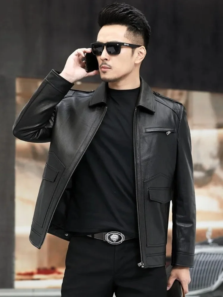 Autumn New 100% Real Leather Jacket Men Casual Cowhide Motorcycle Coat Business Turn-Down Collar Outerwear Male Oversize 4XL