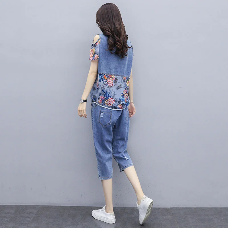 Summer Denim Printed Stitching Pants Two-Piece Women\'s 2023 New Summer Fashion Casual Denim Top + Hole Jeans Pants Female Sets