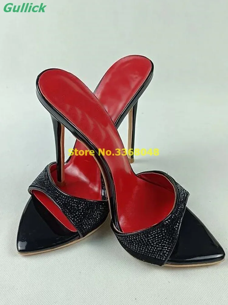أحذية كريستال سوداء عالية الكعب مثير أشار تو كعب ستيليتو الانزلاق على موضة 2024 فستان النعال الشرائح الصيف الصلبة