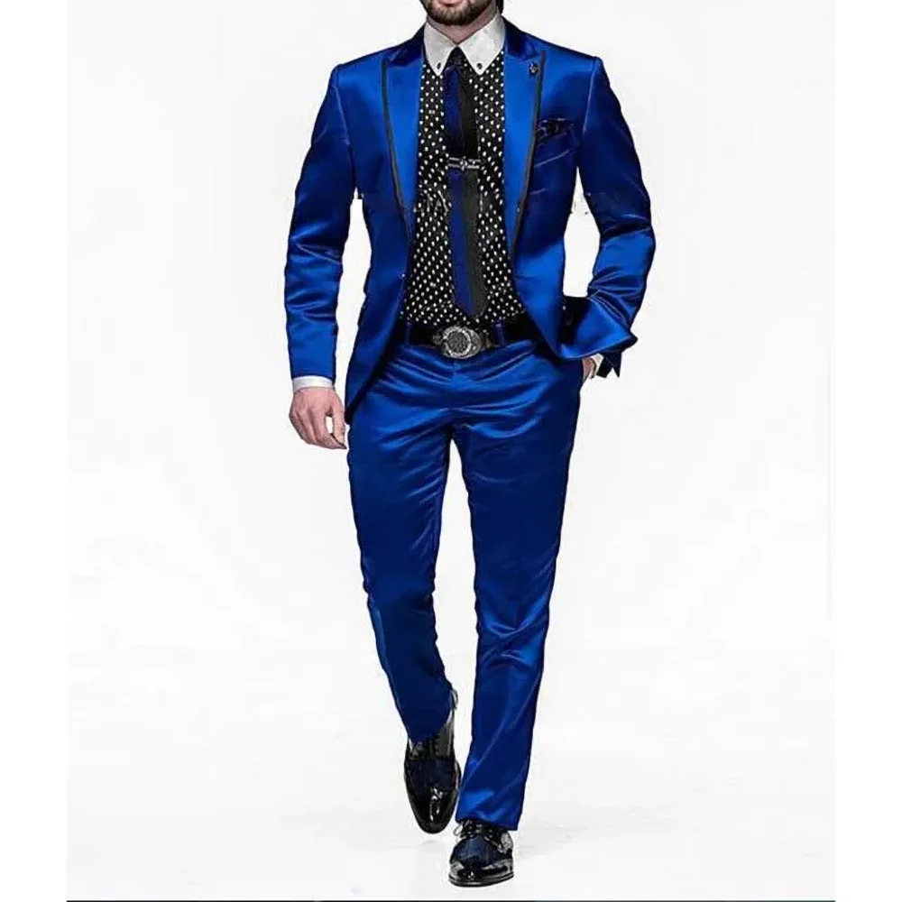 Chic Stain Men Suits Royal Blue (Jacket+Pants) Fashion Business Smart Casual Slim 2 Piece Elegant Groom Wedding Party Tuxedo