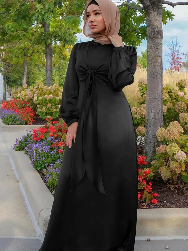 Vestido largo musulmán de satén Abaya para mujer, elegante Hijab envolvente frontal con cinturón, vestidos modestos para fiesta árabe Islam Turquía