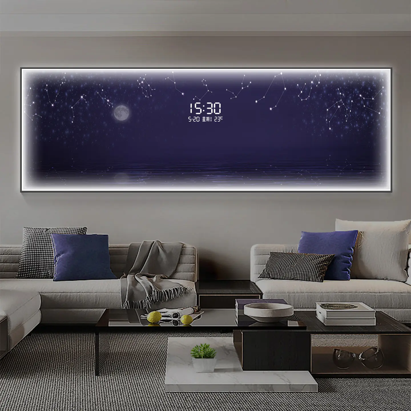 Modern Luxury Led Moon Starry Sky Living Room Decoration Painting Electronic Clock Sofa Hanging Painting Clock Luster Mural Lamp