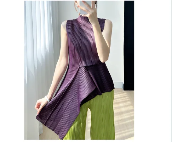 

HOT SELLING Miyake new style fold fashion sleeveless stand neck solid Irregular T- shirt IN STOCK