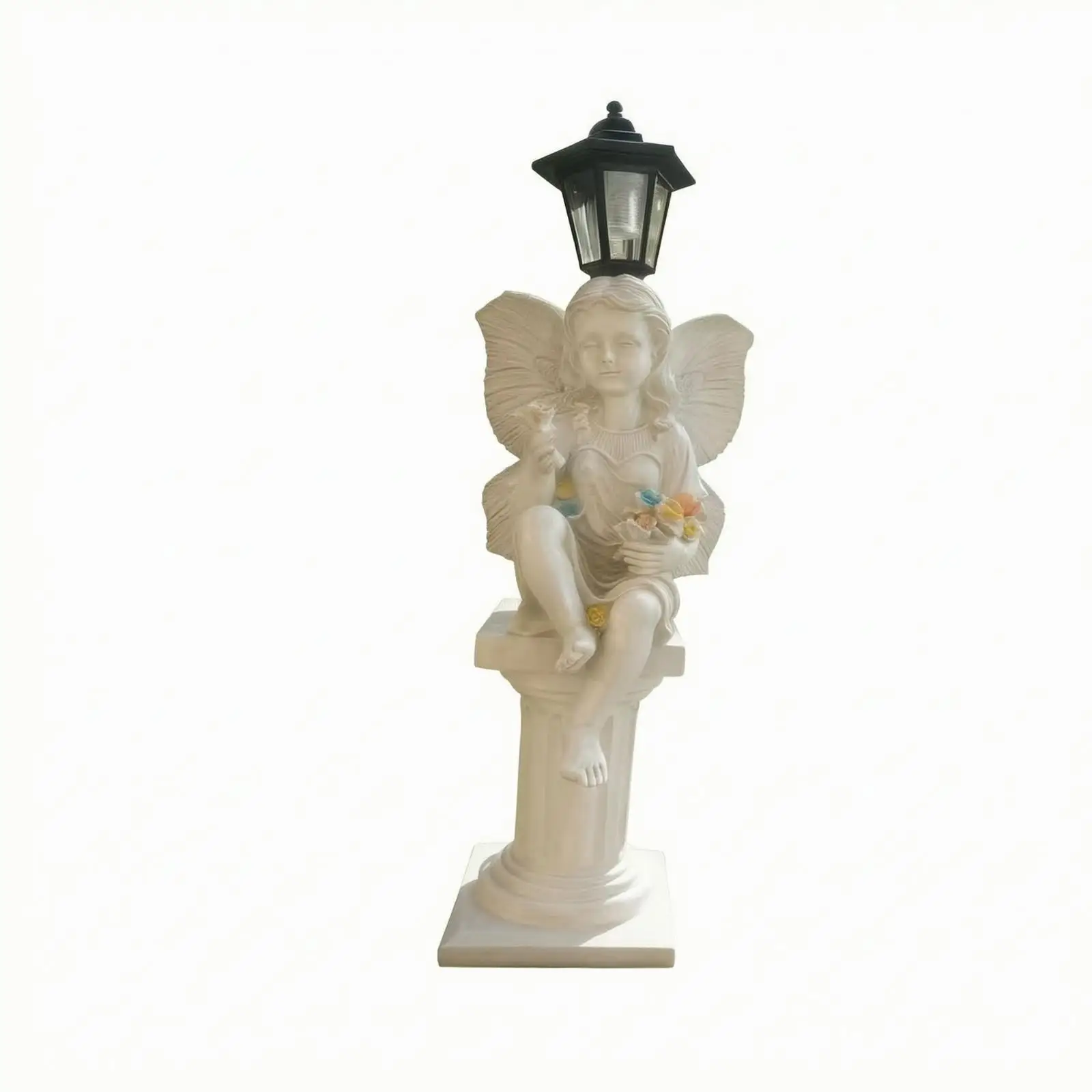 Solar Garden Angel Light Resin Statue with Roman Column Pedestal for Terrace Yard Night Illumination