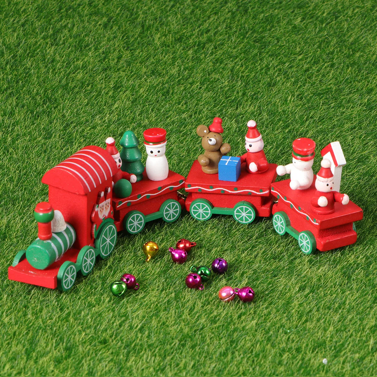 

Mini Four-Section Wooden Train Painted Christmas Cartoon Train Colorful Desktop Ornament Table Window Decoration Supplies