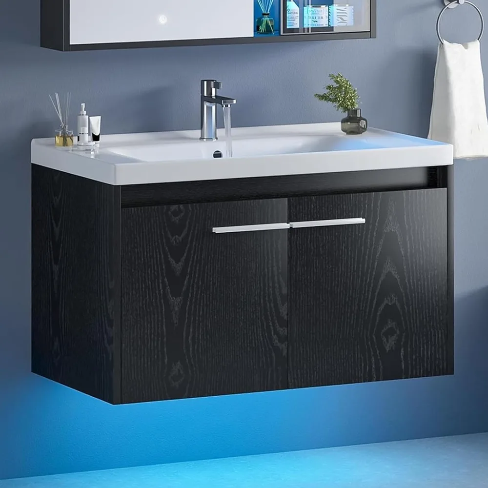 Black Bathroom Vanity with Sink, Floating Bathroom Sink Cabinet with LED Light, Modern Clearance Bathroom Vanities with 2 Doors