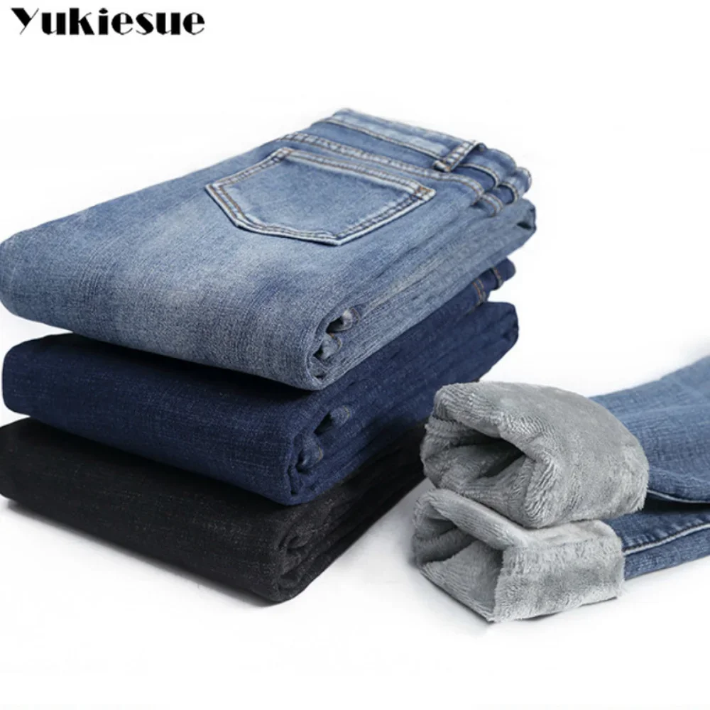 Zimowe grube aksamitne damskie jeansy z wysokim stanem Proste polarowe ciepłe, dopasowane, rozciągliwe damskie spodnie ołówkowe Casual Denim