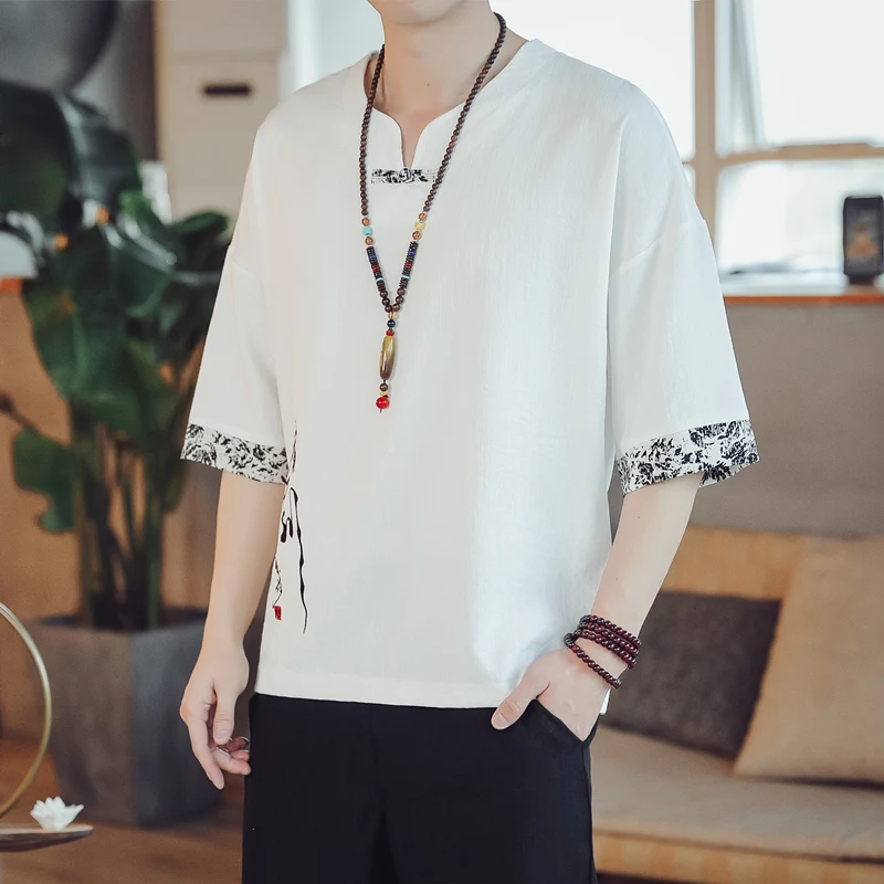 2024 Summer Chinese Style Men\'s Retro Embroidery Print T-shirt Top Tang Suit Zen Tea Linen Shirt Kimono Cover Asian Clothing