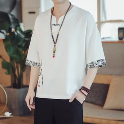 2024 Summer Chinese Style Men's Retro Embroidery Print T-shirt Top Tang Suit Zen Tea Linen Shirt Kimono Cover Asian Clothing