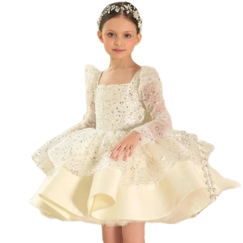 Flower Girl Dresses Champagne Puffy Sequin With Bow Long Sleeves For Wedding Birthday Party Banquet Princess Gowns