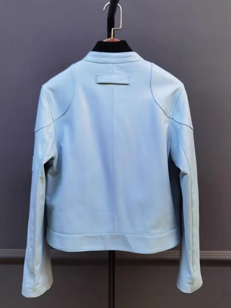 Moda autunno donna pelle di pecora giacca in vera pelle colletto alla coreana cerniera motociclista cappotto antivento giacche punk slim fit