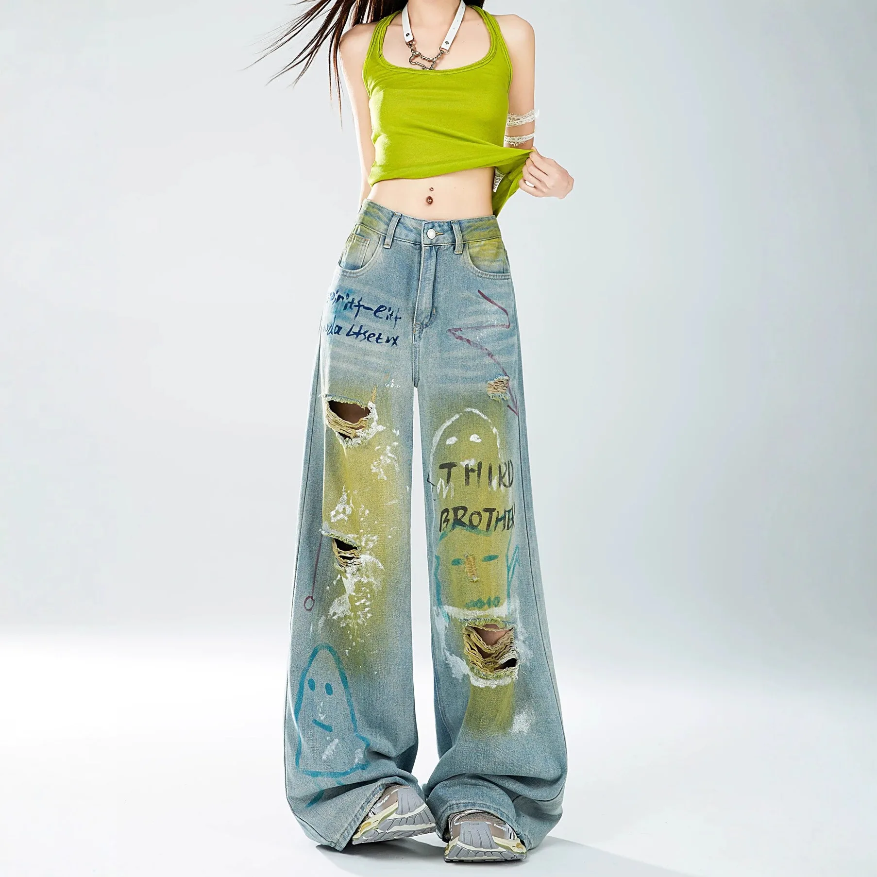 2026 Summer New Dopamine Graffiti Ripped Jeans For Women American Vintage Baggy Wide Leg Pants