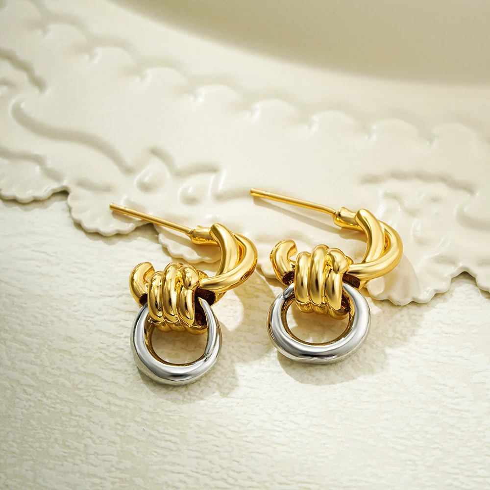 Vintage Edelstahl-Knoten-Creolen für Damen, Gold- und Silberfarben gemischt, Huggie-Ohrringe, Statement-Schmuck