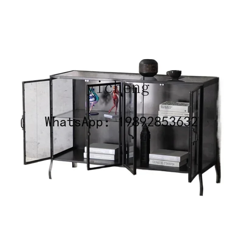 A2-2 minimalist design furniture wrought iron dining side cabinet retro glass cabinet layered storage display cabinet