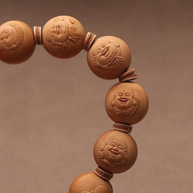 Houhou Walnut Single-Loop Bracelet With Embossed Maitreya Buddha,, And Perfectly Round Beads