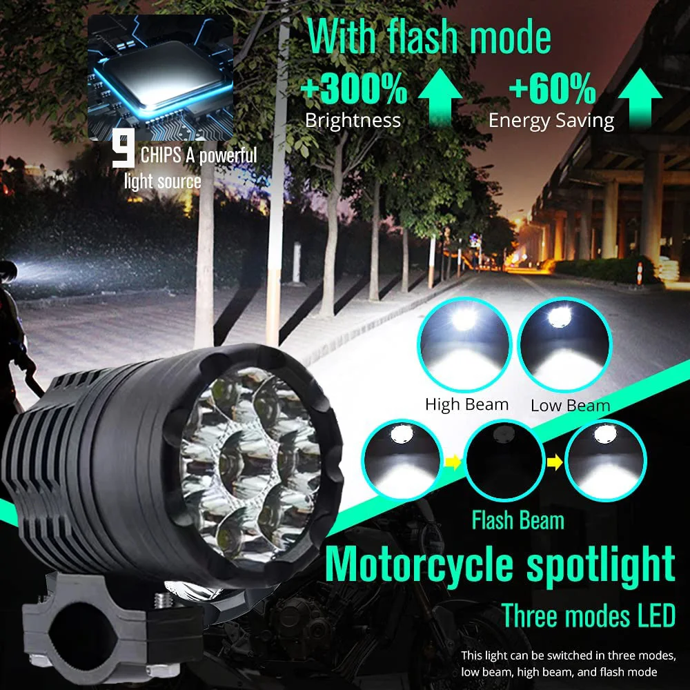 9 LED Auxiliary Headlights For Motorcycle Lights 12-80V High/Low/Strobe Long Range Additional Moto Fog Light Motocross Spotlight