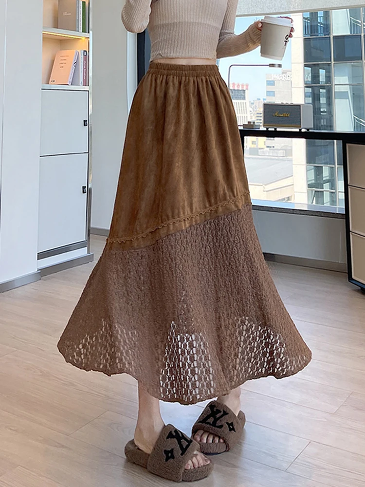 

Ретро-юбка А-силуэта с кружевными вставками и эффектом «рыбий хвост», женская, весенняя новинка, с завышенной талией, миди, асимметричная, в американском стиле, Ciwalk