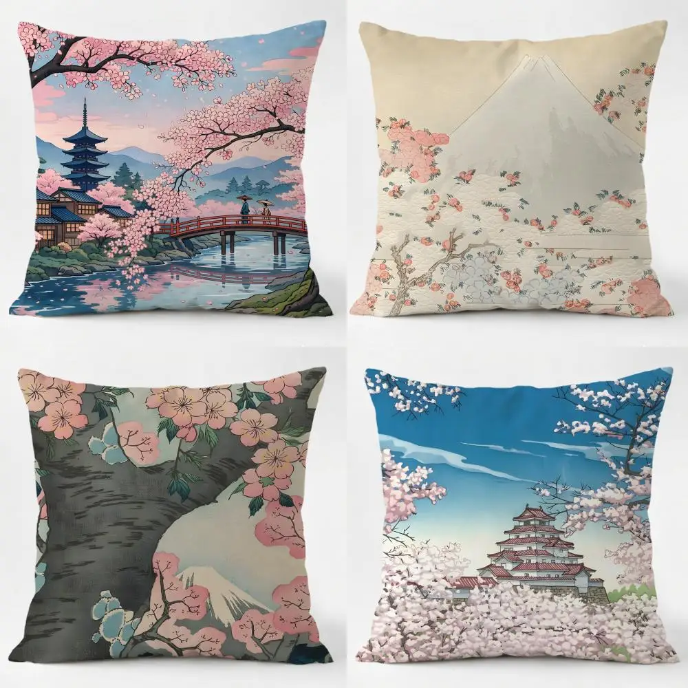 U-Ukiyo-e Cherry Blossom Cushion Cover Daily Washable Linen Pillowcase Soft  for Sofa Bed Home Room Decor
