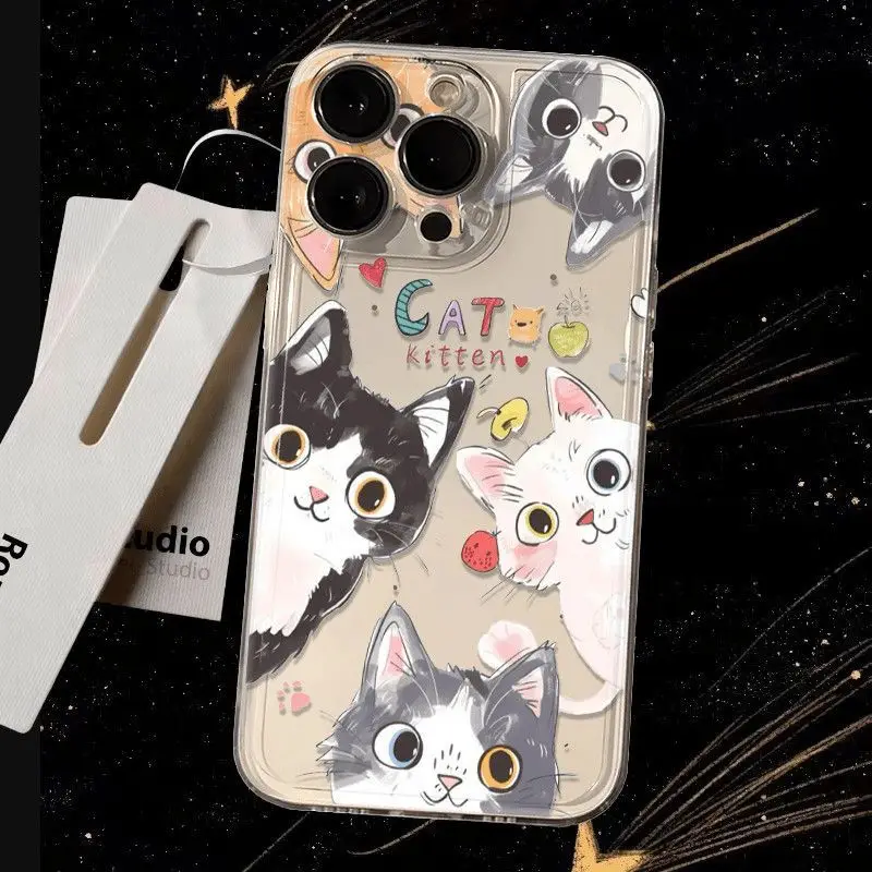 

Cartoon Kawaii Cat Kitten Mobile Phone Case For iPhone 16 15 11 12 14 13 Pro Max Mini XSM XR 7 8 Plus SE4 16e Cute Animal Covers