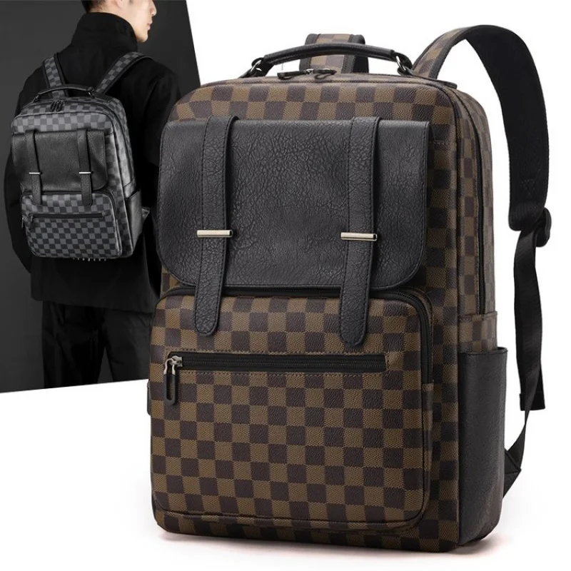 

PU Leather Business Backpack For Men Casual Plaid Men's Computer Bag Waterproof Large Capacity College Student Bagpack Bookbag