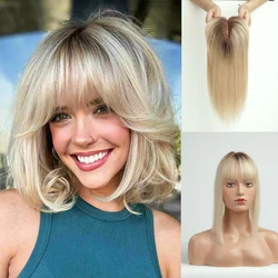 Human Hair Toppers Silk Base Blonde Ombre Dark Root Remy Human Hair Extensions Hairpieces for White Women 10/14 inch Human Hair