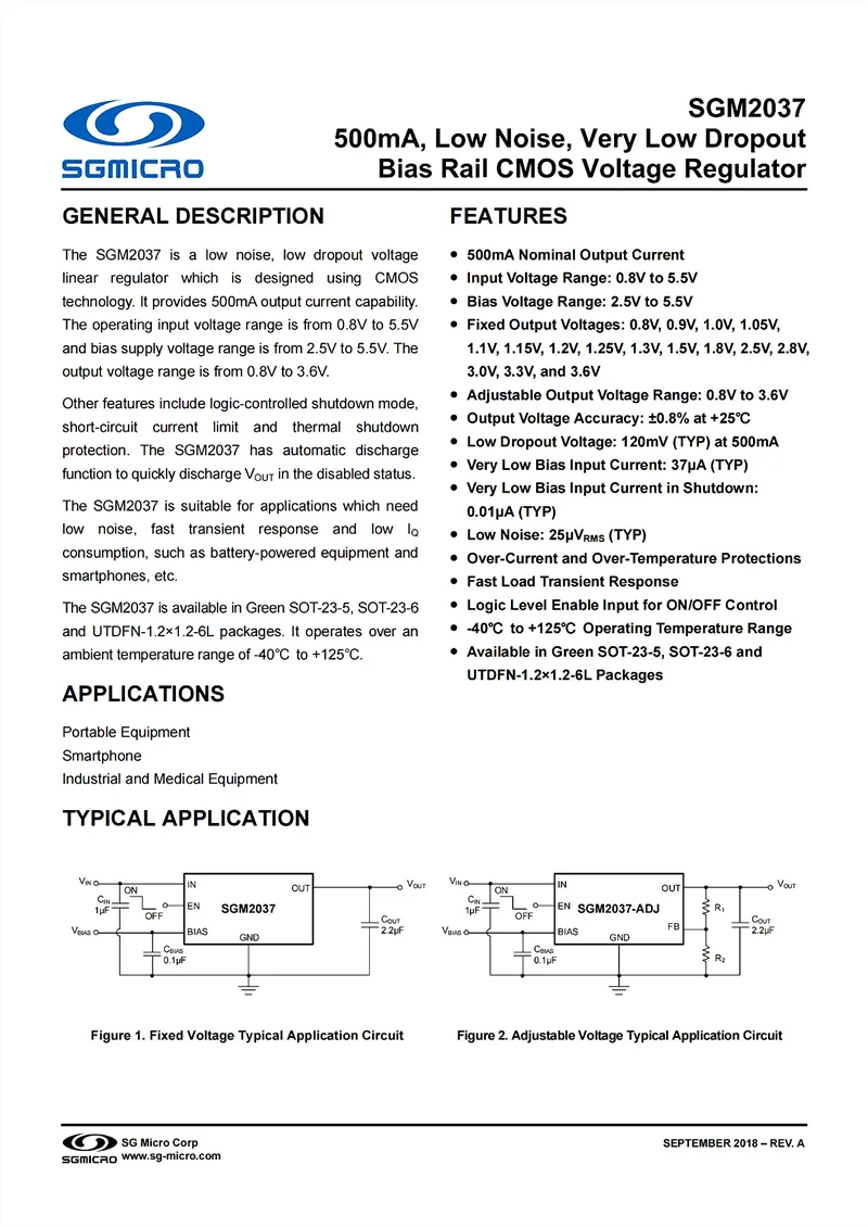 

10Pcs/Lot SGM2037-3.3XN5G/TR SOT-23-5,500mA, Low Noise, Very Low Dropout Bias Rail CMOS Voltage Regulator