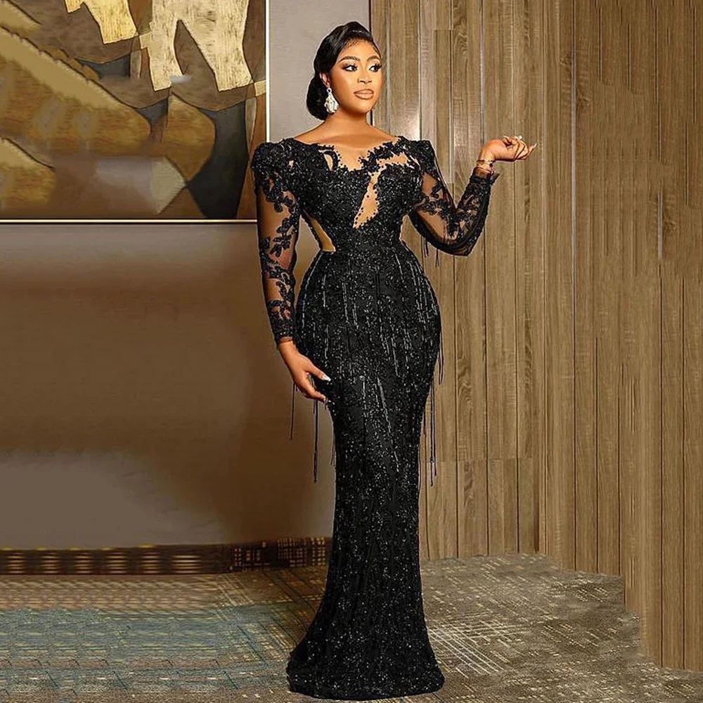 Luxury Black Lace Round Neck Mermaid Evening Dresses Long Sleeve Decal Prom Dresses Reception Gowns For Women Robe De Mariee