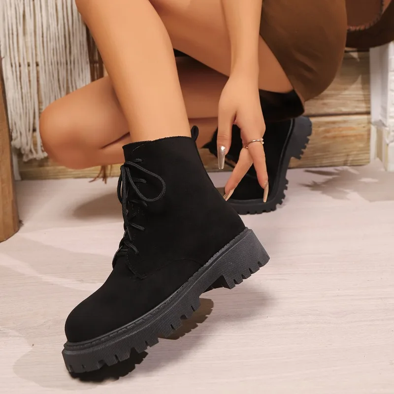

Women Ankle Boots High Top Lace Up Black Suede with Metal Buckle Decoration Side Comfortable Chunky Heel Shoes for Women