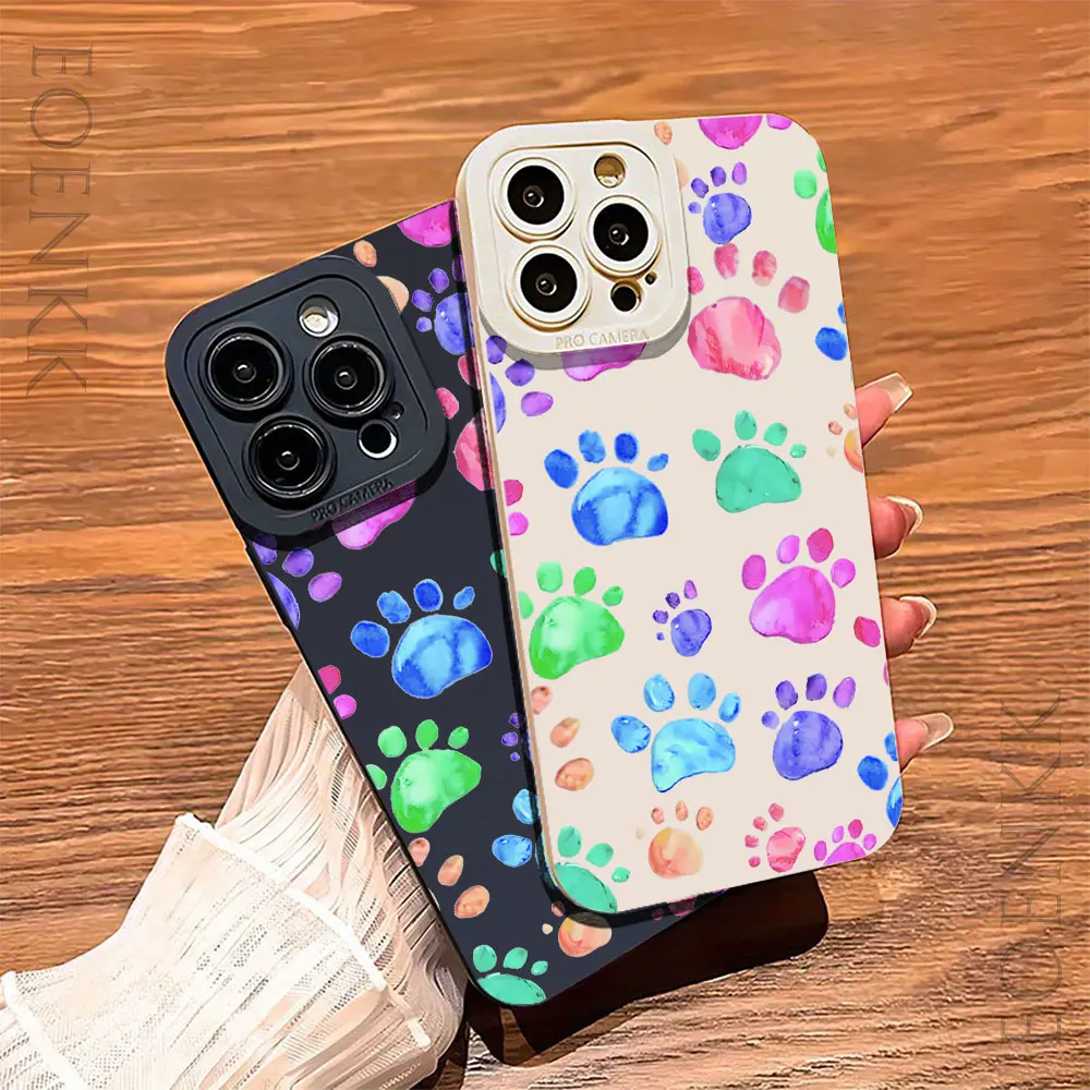 Coloured Dog Footprints Phone Case For iPhone 15 14 13 12 11 Pro Max X XR XS 7 8 Plus SE 2020 Pattern Silicone Protection Cover