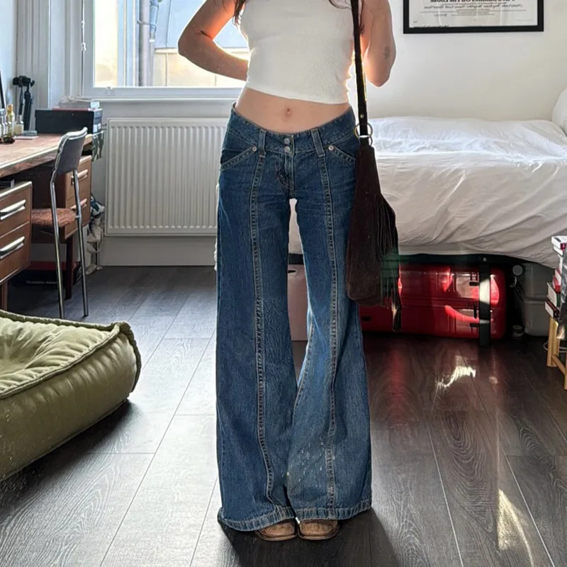

INS American Retro Spicy Girl Street с заниженной талией, расклешенные джинсы в винтажном стиле, длинные джинсовые брюки в стиле пэчворк, 2000-е Y2k