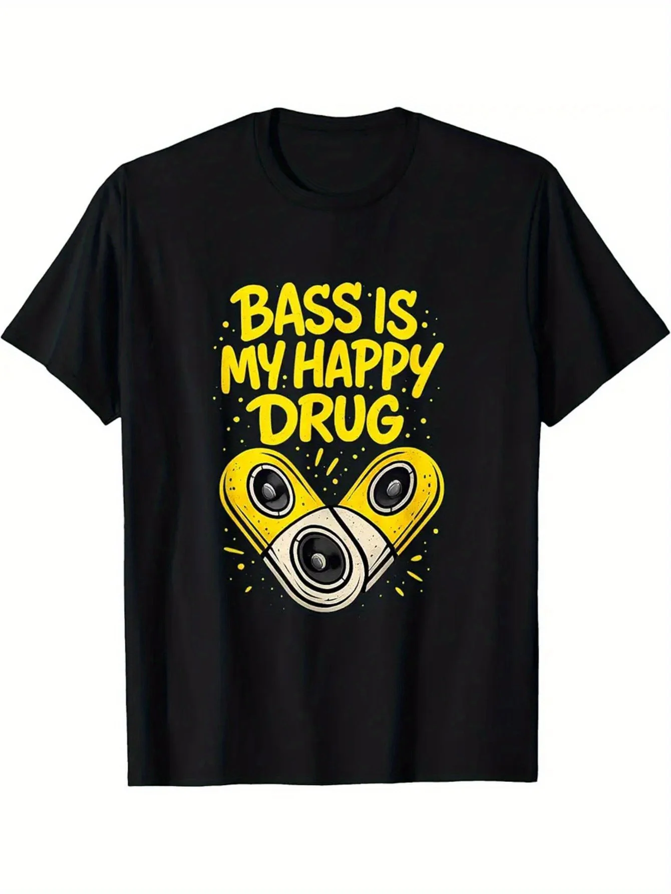 Camiseta masculina Bass Is My Happy Drug para festivais de música - preta com fones de ouvido amarelos e padrão de ondas