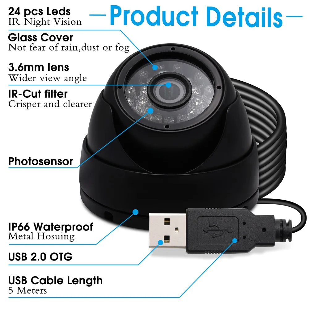 

ELP 1080P Dome USB Camera Outdoor Waterproof Security Camera Day Night Vision Infrared H.264 30fps Webcam with MIC