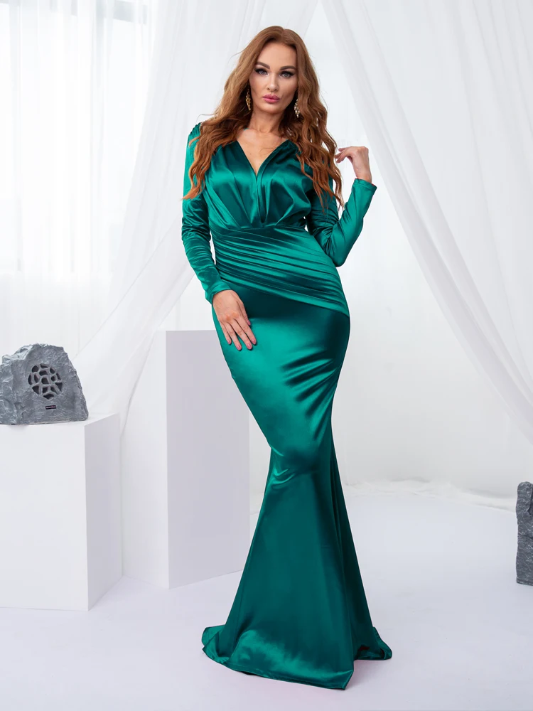 Full Sleeved V Neck Pleated Maxi Dress Elegant Floor Length Evening Party Prom Gown