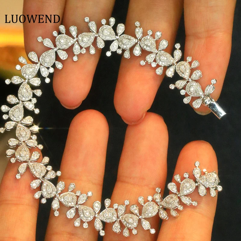 LUOWEND 100% 18K White Gold Bracelet Luxury Romantic Style 2.0carat Real Natural Diamond Bracelet for Women High Party Jewelry