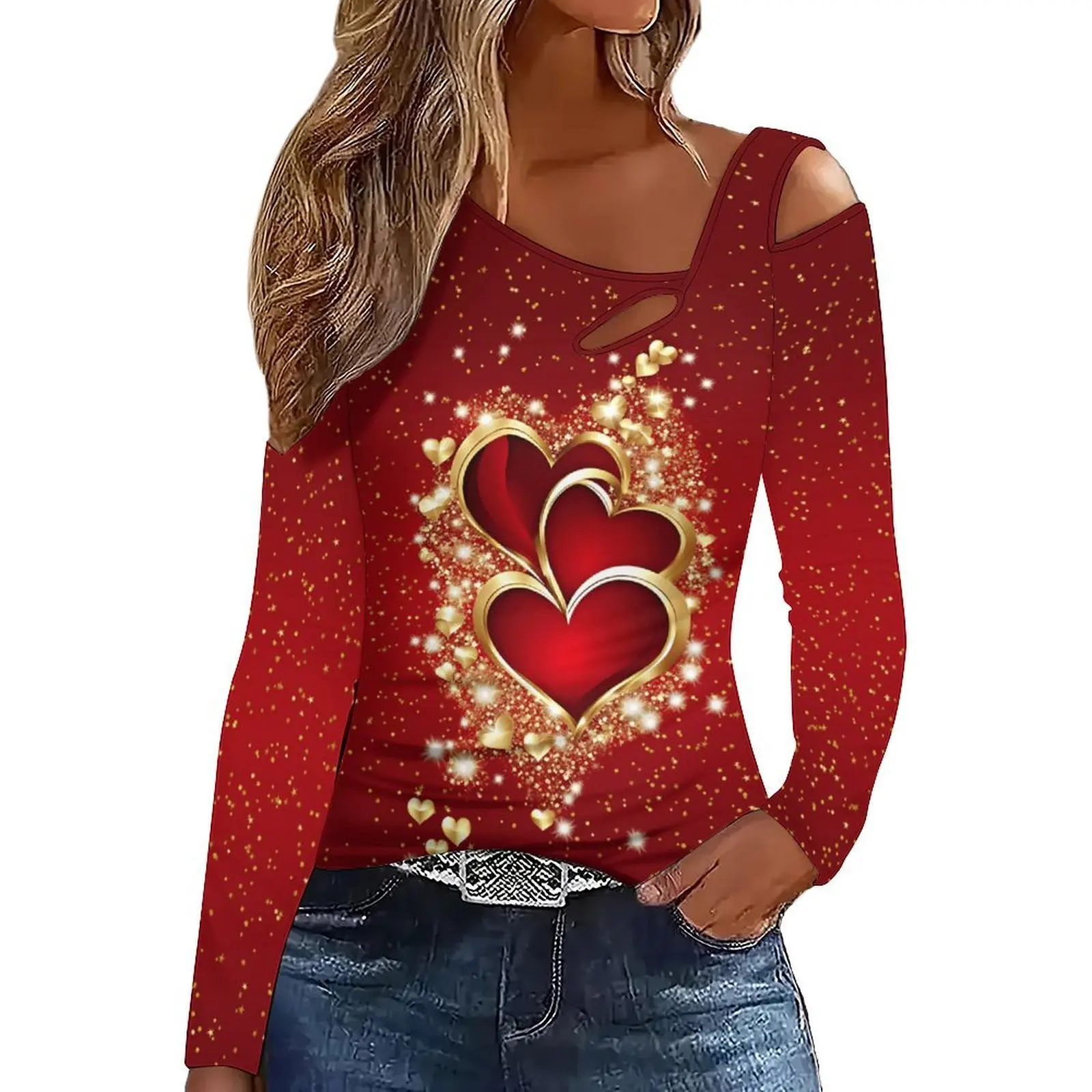 Directional Slanted ShoulderElegant  Long-Sleeved Off-Shoulder Printed T-Shirt  Women's Fashion Clothes