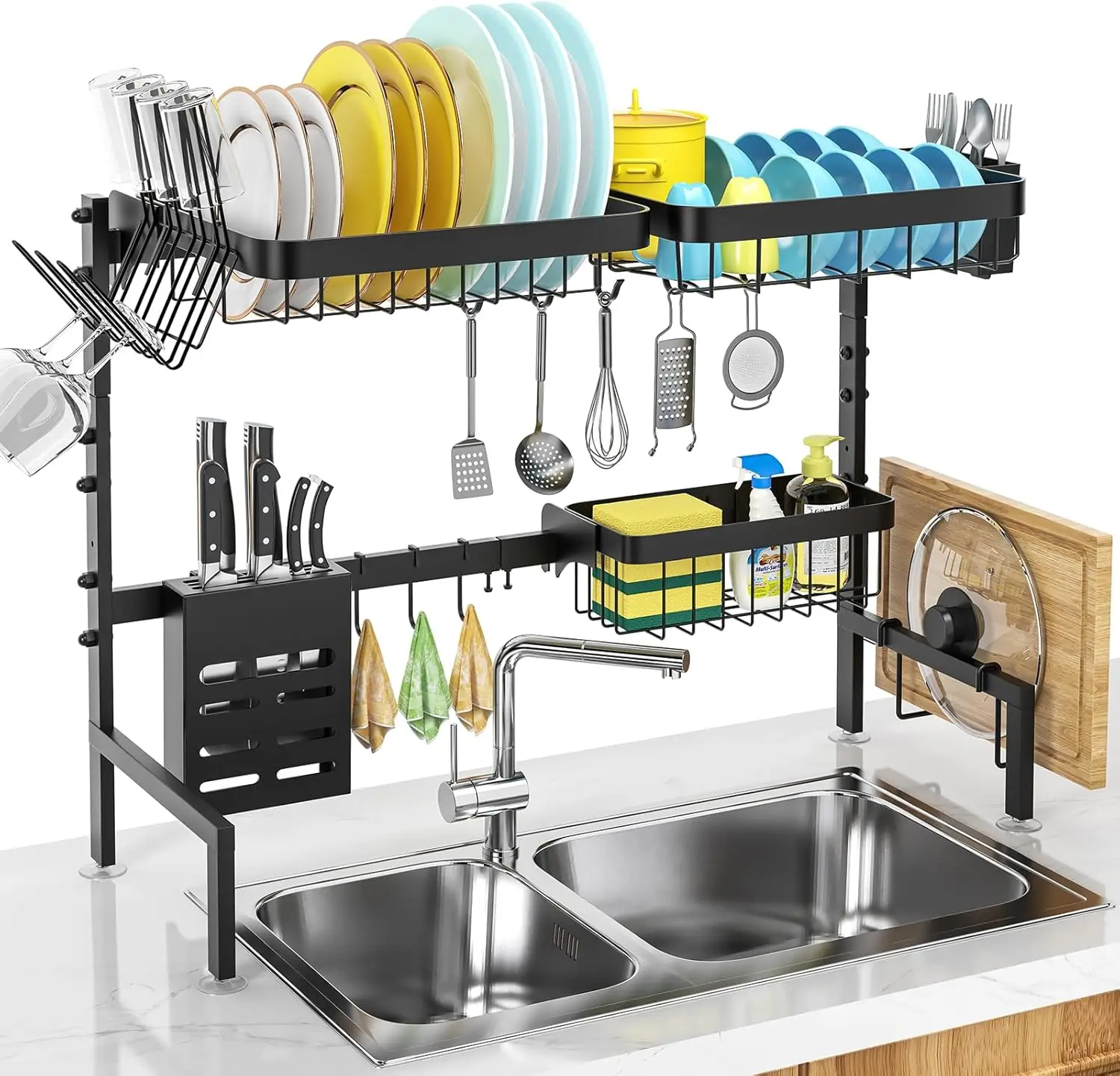 

Over The Sink Dish Drying Rack Adjustable Length (25-33in), 2 Tier Dish Rack Over Sink with Multiple Baskets Utensil