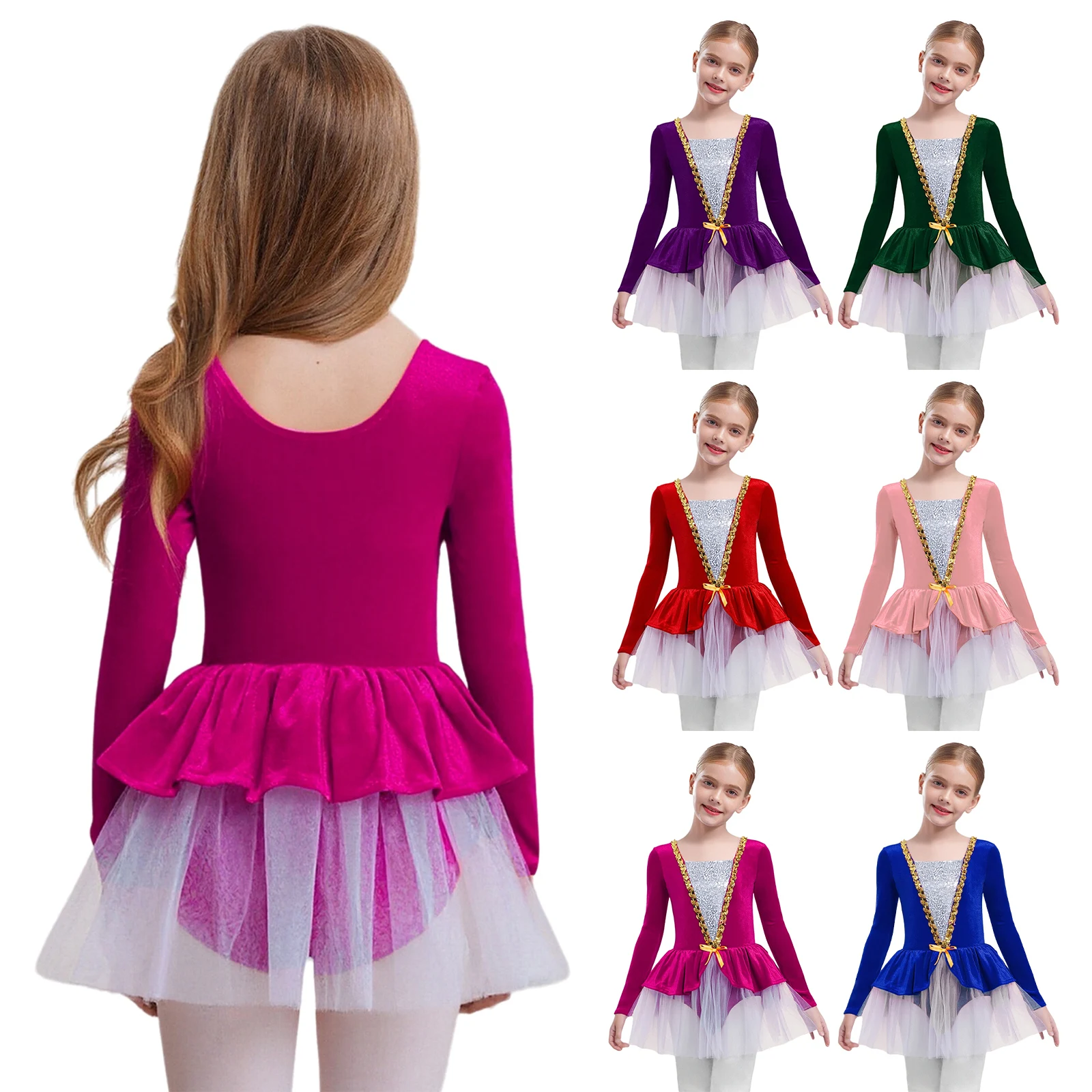 Kinderen Meisjes Lyrische Kunstschaatsen Ballet Dans Kostuum Lange Mouwen Glanzende Pailletten Fluwelen Tutu Jurk Turnpakje voor Ballet Dancewear