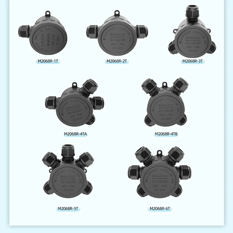 2pc IP68 Nylon Waterproof Junction Box EW-M2068R Series Round Outdoor Cable Junction Box 1-6Way Cable Gland Electrical Enclosure