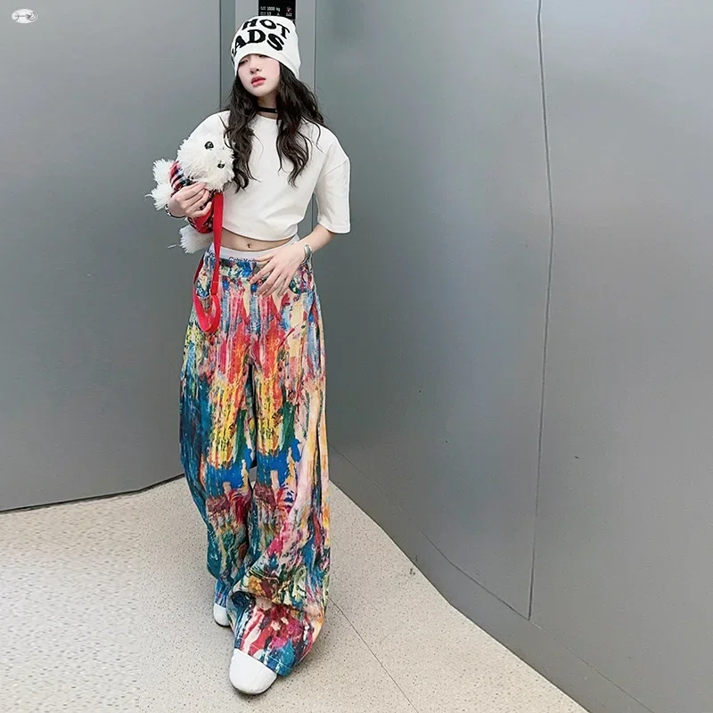 girls-american-retro-color-high-waisted-casual-pants-2025-spring-and-autumn-new-girls-oil-painting-style-loose-fashion-trousers