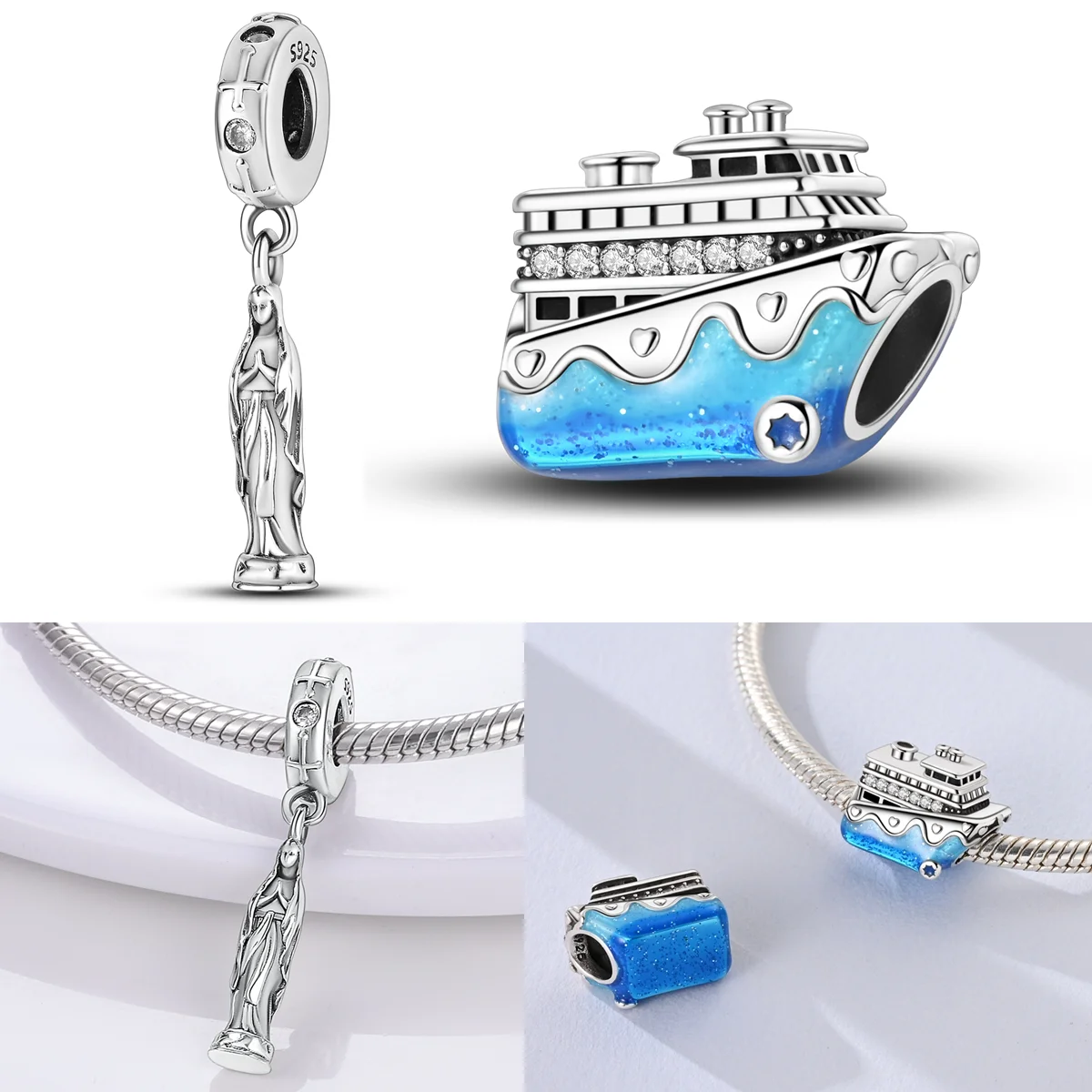 

925 Sterling Silver Holy Mother Charms Bead CZ Zircon Blue Cruise Dangle Fit Original Bracelet DIY Women Jewelry