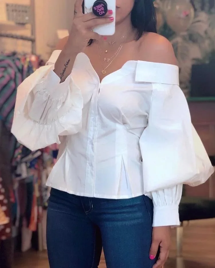 

Woman Blouse 2024 Spring Fashion Off Shoulder Lantern Sleeves Casual Solid Color Long Sleeved Button Daily Shirt Top