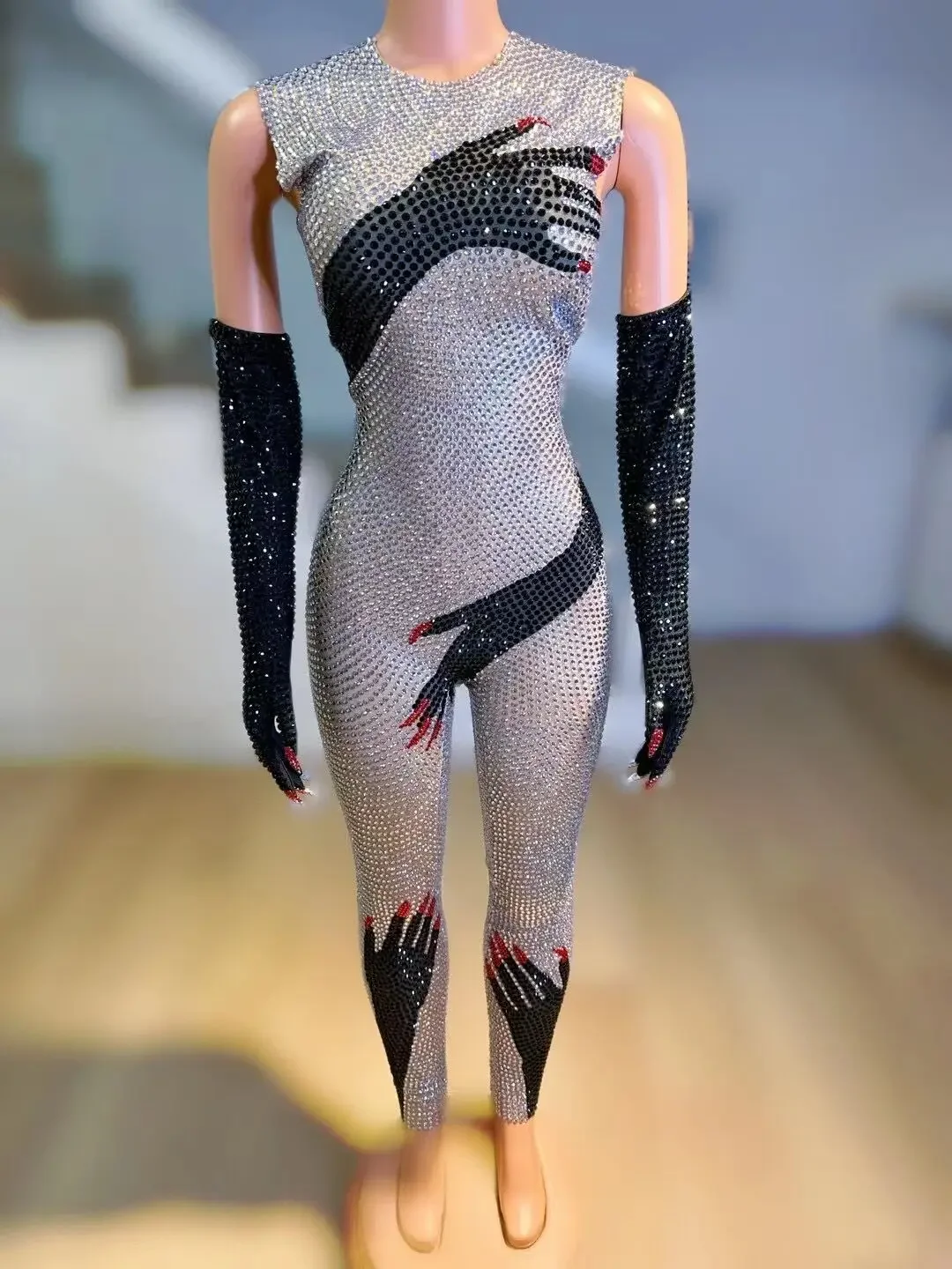 Sparkly Silver Black Rhinestones Sexy Hand Pattern Jumpsuit Birthday Celebrate Outfit Women Dance Performance Costume