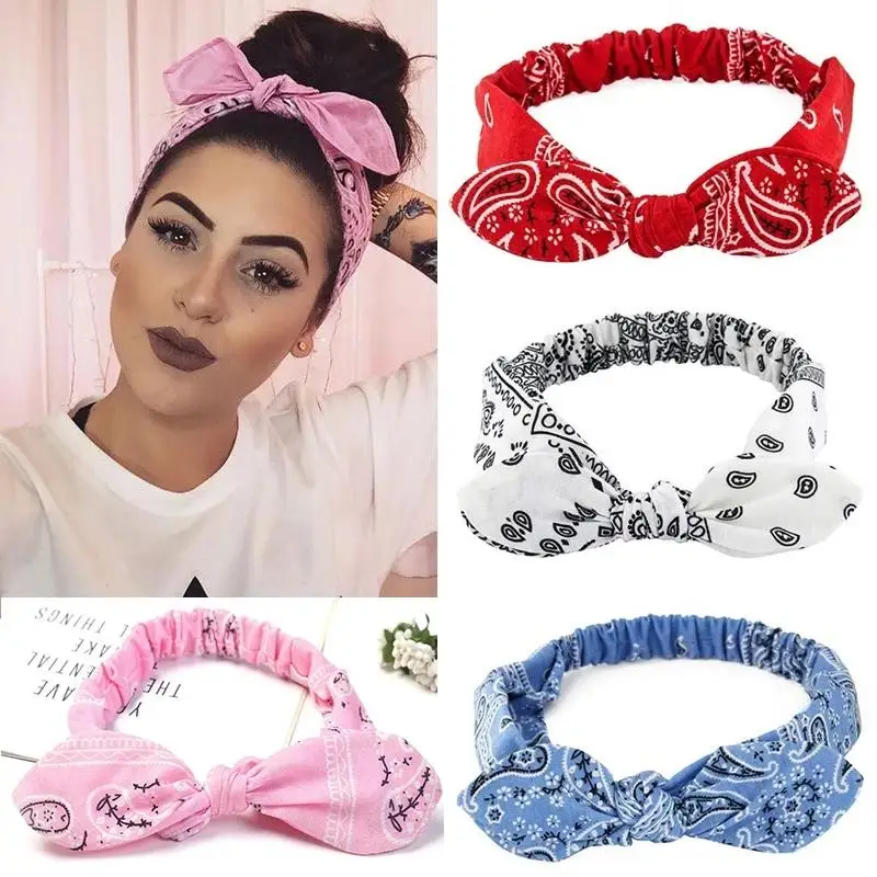 Boho Bow Headbands for Women Cute Rabbit Ear Hairbands Elastic Cashew Print Head Wraps Vintage Bandana Bandage Hair Accessories