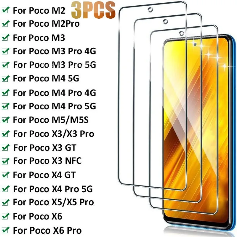 3PCS Protective Glass for Xiaomi Poco X3 Pro X3 NFC X4GT X5 X6 Pro M5S M5 Film Screen Protector for Poco M2 M3 M4 Pro 5G Glass