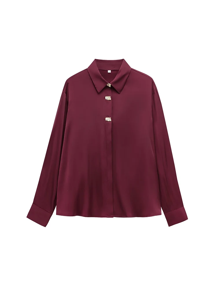 

Spring new women's French fashion temperament versatile gold button-down satin texture long-sleeved shirt