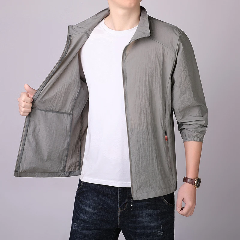 

Sun Protection Men's Summer Jacket Gray Blue Lightweight Quick-Drying Fabric Coat Male Smart Casual & Travel-Ready Outerwear