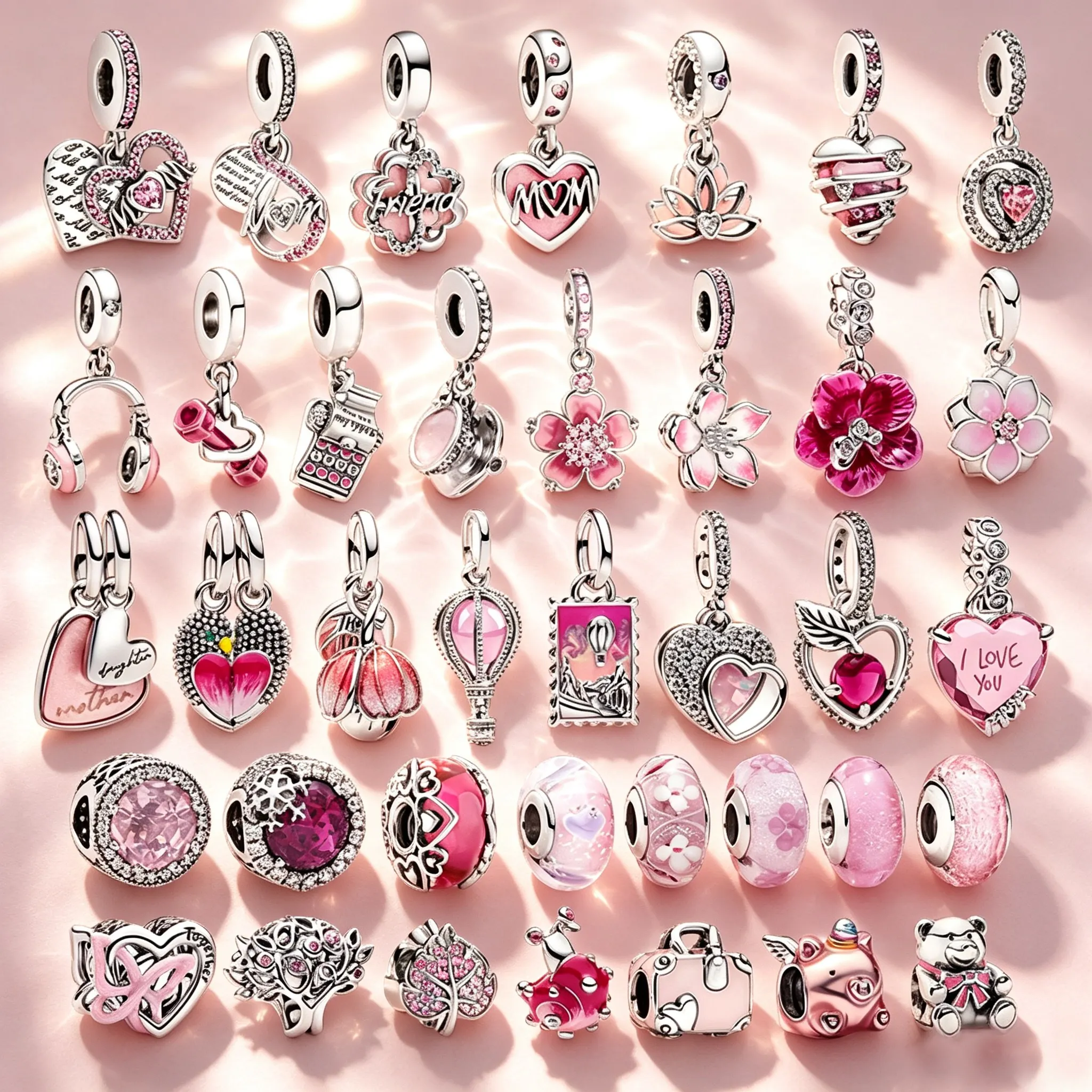 Cœur scintillant double halo mère et fille, perles breloques en fleurs de cerisier roses, convient aux bracelets originaux, colliers, bijoux DIY, cadeau