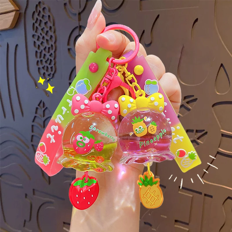 Creative Oil Fruit Blueberry Strawberry Bow Wind Chime Liquid Keychain Bag Pendant Cute Floating Sequins Pineapple Bottle Keyfob