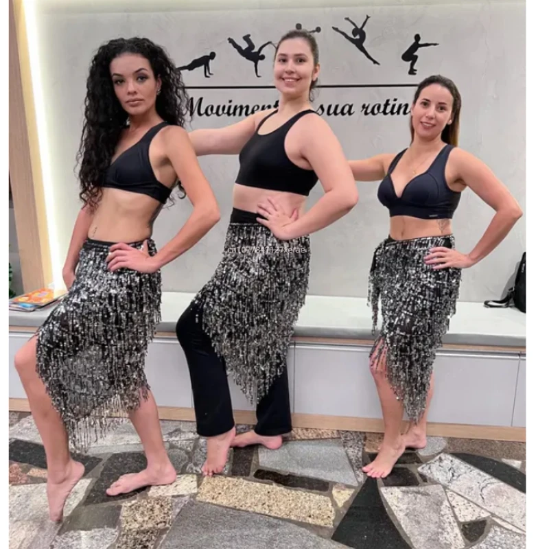 Новая тренировочная одежда для танца живота с цепочкой на талии и набедренным шарфом, юбкой с запахом и блестящей одеждой для выступлений с поясным шарфом